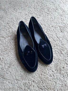 Stuart Weitzman Black Velvet Pointed Loafers with Bow